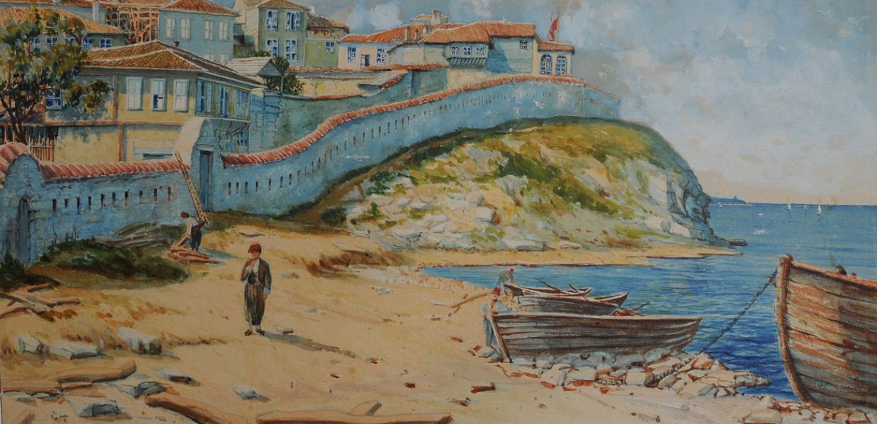 A walled city next to a beach, with a boat and single figure walking on it